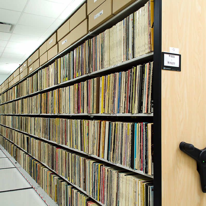music LP storage compact shelving on rails