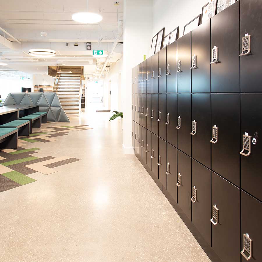 3-tier wall of day use lockers in an office environment
