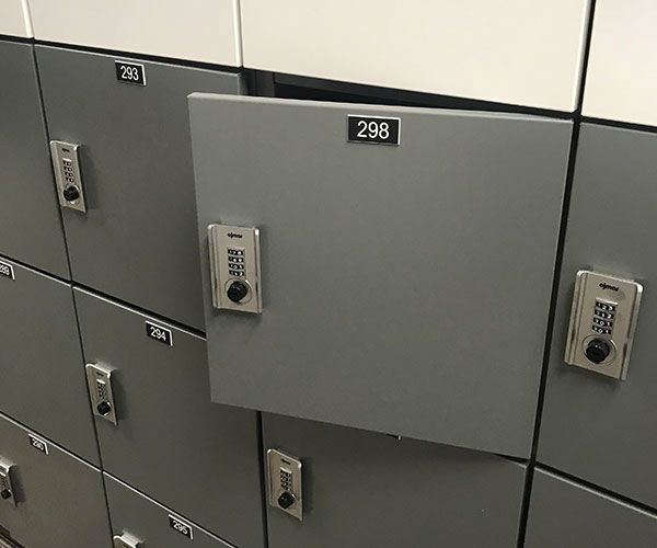 office locker wall with combination locks