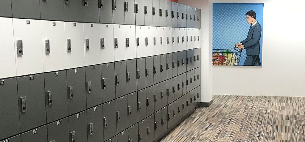 Wall of steel combination day use lockers in an office