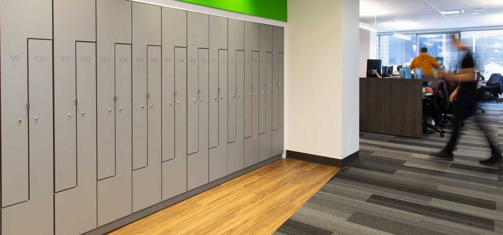 day use lockers at an office with office employees walking by