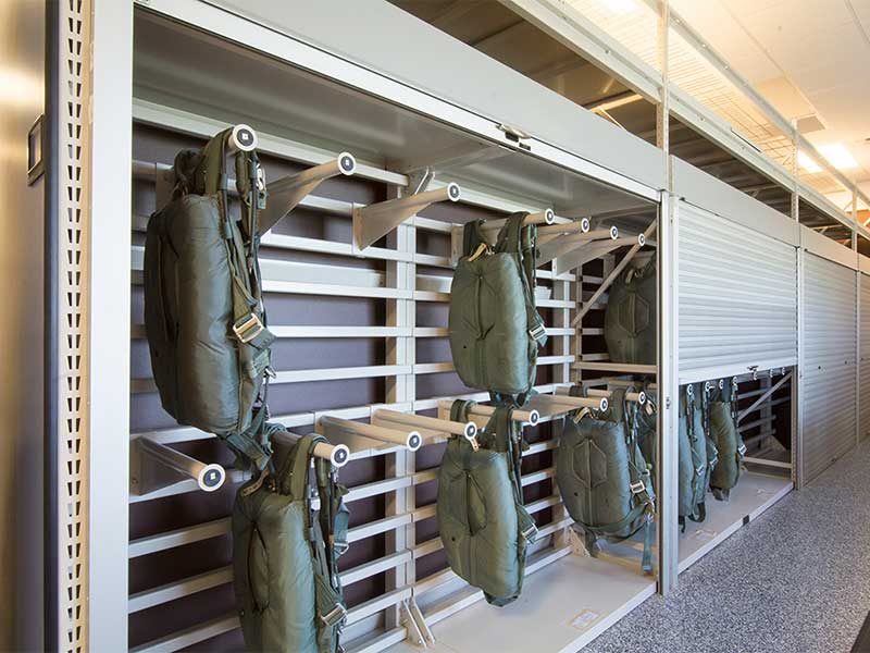 parachute storage on cantilever shelving with locking doors
