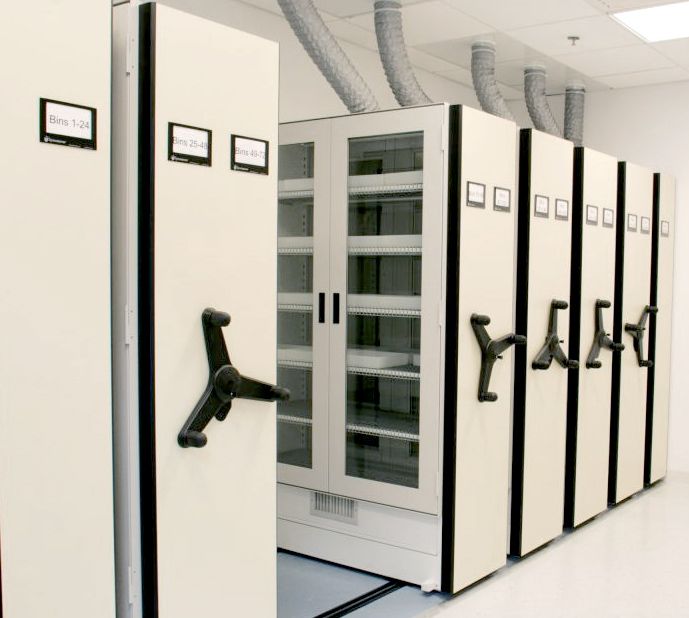 hvac vented chemical storage lab cabinet built onto mechanical assist mobile storage system
