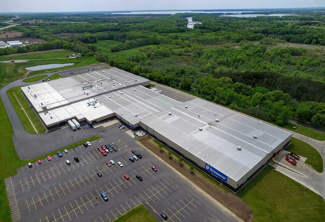 sky view of the exterior of Spacesaver's factory building