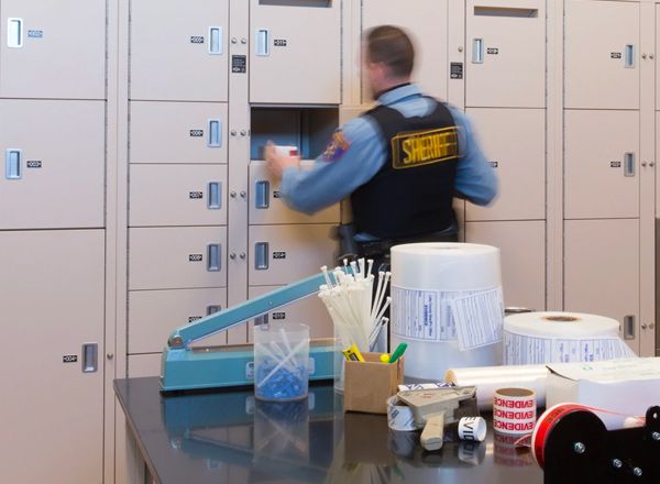 police officer storing evidence in a wall of Spacesaver's evidence lockers