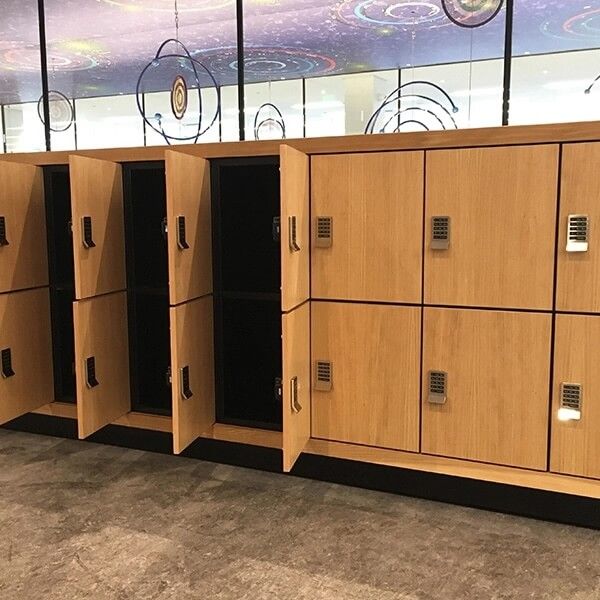 school library personal storage lockers with wooden finish