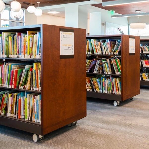 school library with Spacesaver's flexible shelving on casters