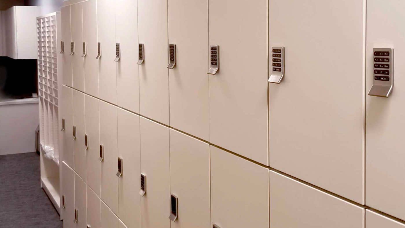 wall of secure lockers at student healthcare center
