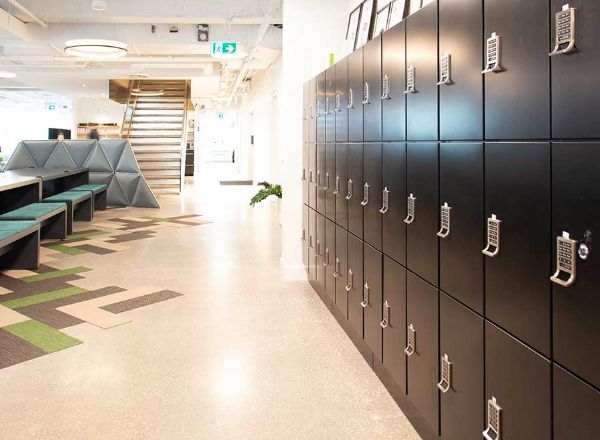 secure personal lockers in a modern office space