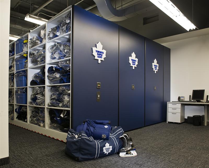 Hockey equipment stored on Widespan powered mobile storage system