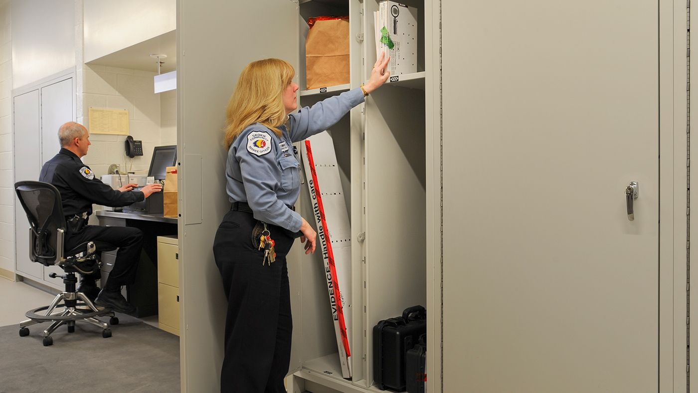 skokie police department evidence storage room back of passthrough lockers