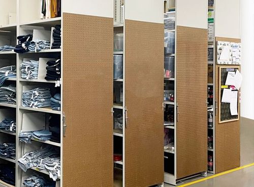 back of house retail blue jean compact shelving system