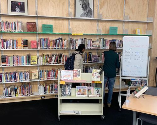 high school library shelving with books