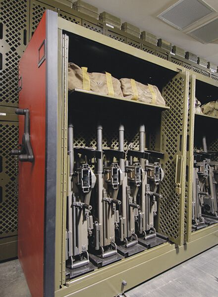 mobile weapons rack storage solution installed in armory 