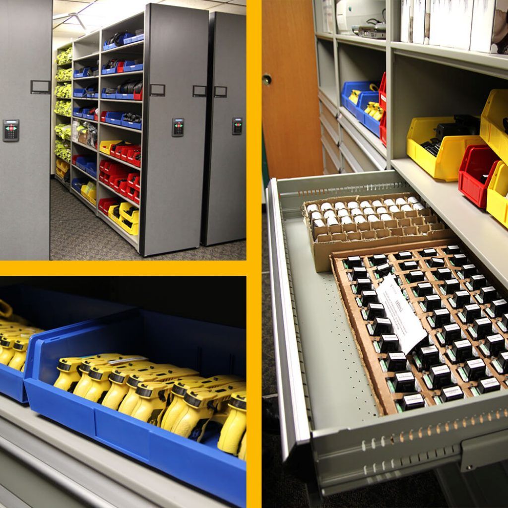 taser storage and taser cartridge storage on shelves and drawers