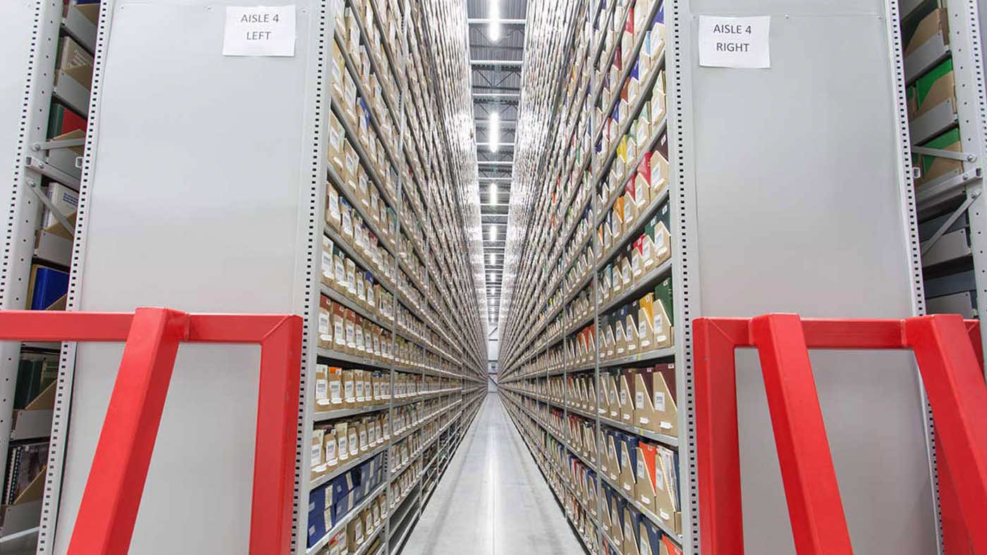 University of Calgary off-site archives high bay shelving aisle 